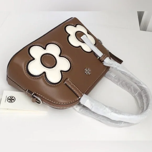 Tory Burch Emerson Dome Satchel Crossbody Bag Floral Applique NWT In Pac Leather - Picture 3 of 13